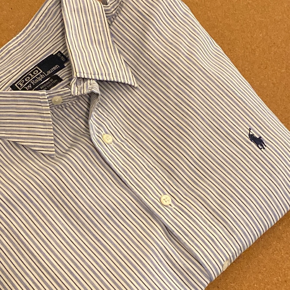 POLO RALPH LAUREN Button Front Long Sleeve Poplin Shirt Blue Stripe 17.5 35 XL